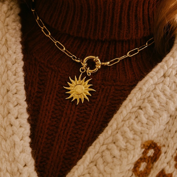 18K Gold Sun Pendant Necklace | Stainless Steel Chain | Waterproof - Picture 1 of 13